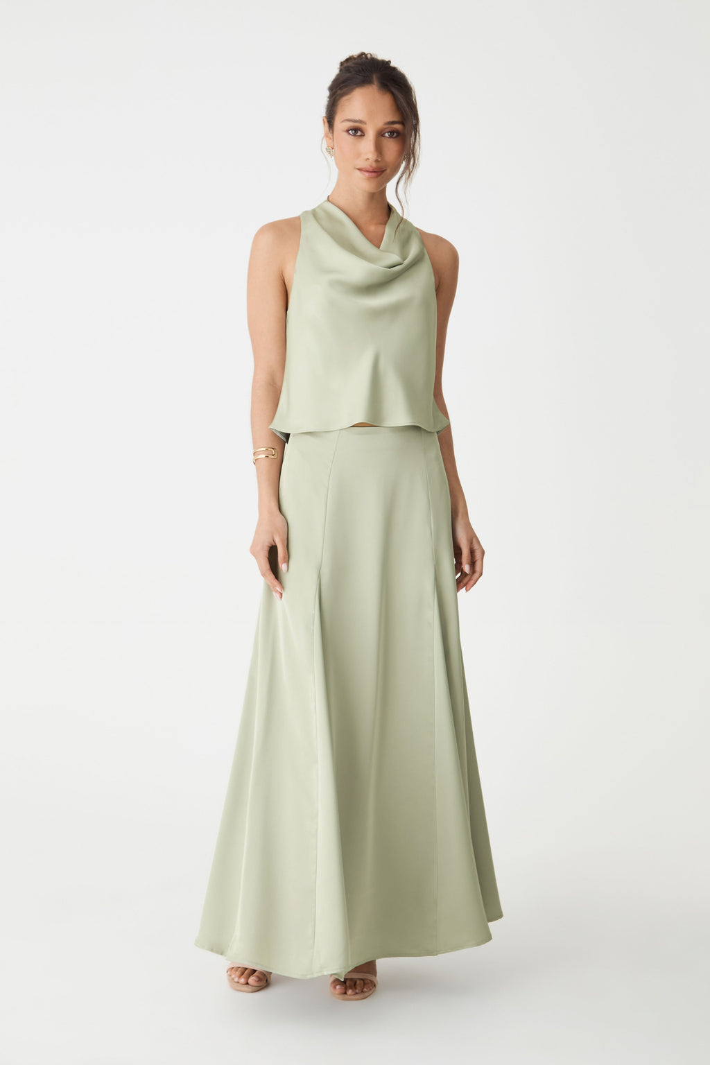 Freya Satin Godet Maxi Skirt in Pistachio by Aurelia Sun