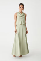 Freya Satin Godet Maxi Skirt in Pistachio by Aurelia Sun