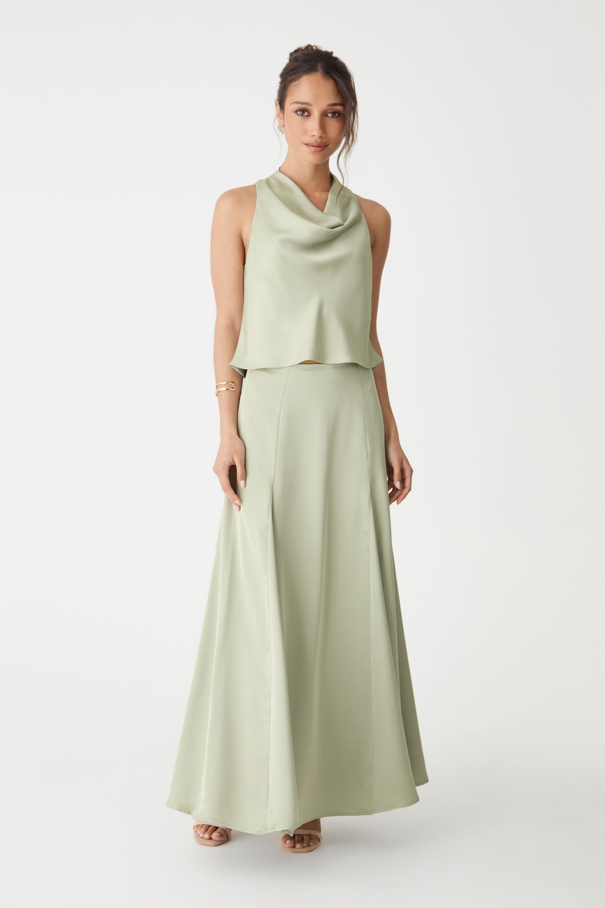 Freya Satin Godet Maxi Skirt in Pistachio by Aurelia Sun