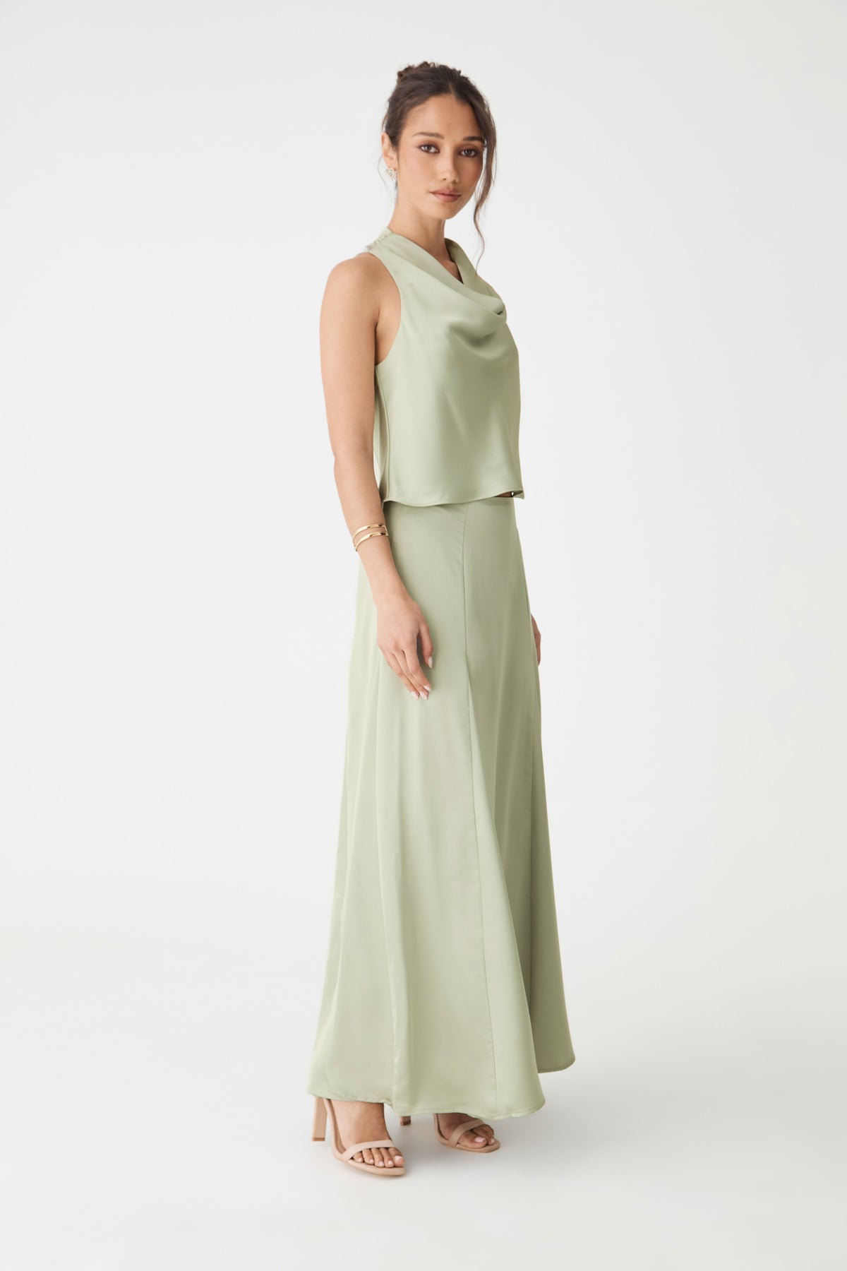 Freya Satin Godet Maxi Skirt in Pistachio by Aurelia Sun