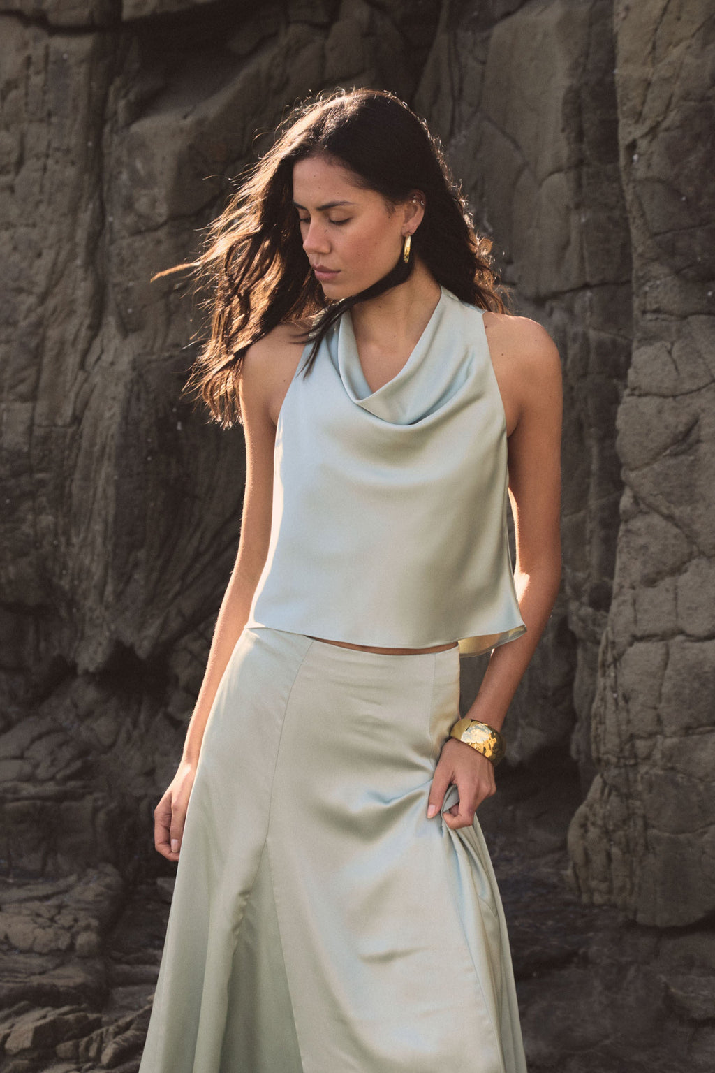 Freya Satin Cowl-Neck Top in Pistachio by Aurelia Sun