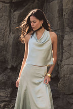 Freya Satin Cowl-Neck Top in Pistachio by Aurelia Sun