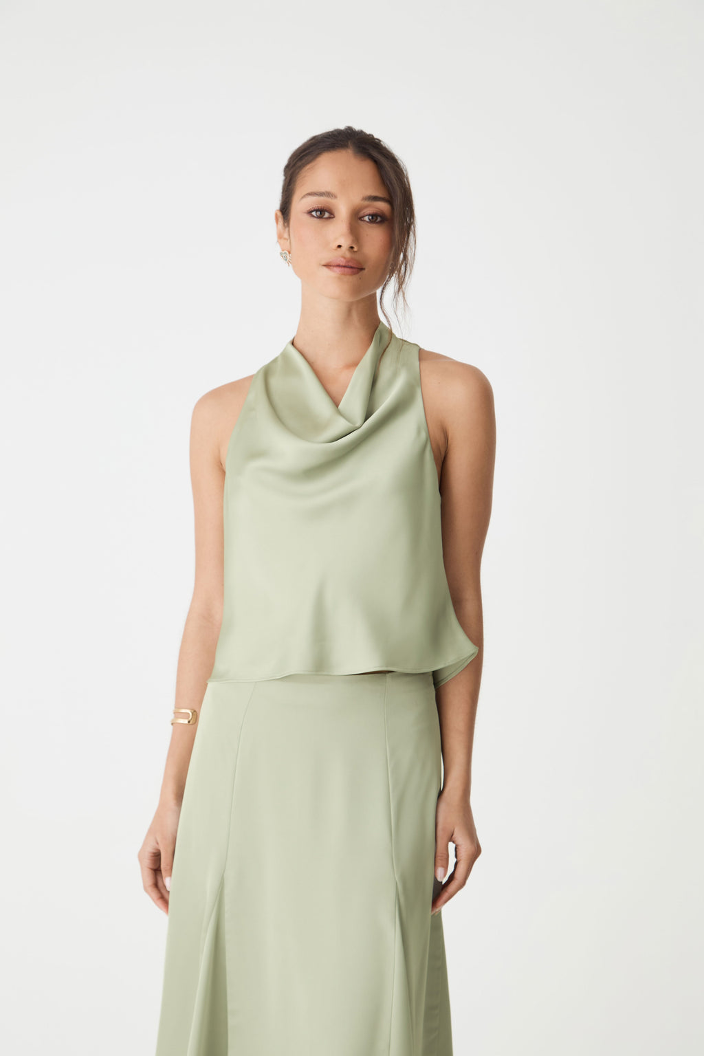Freya Satin Cowl-Neck Top in Pistachio by Aurelia Sun