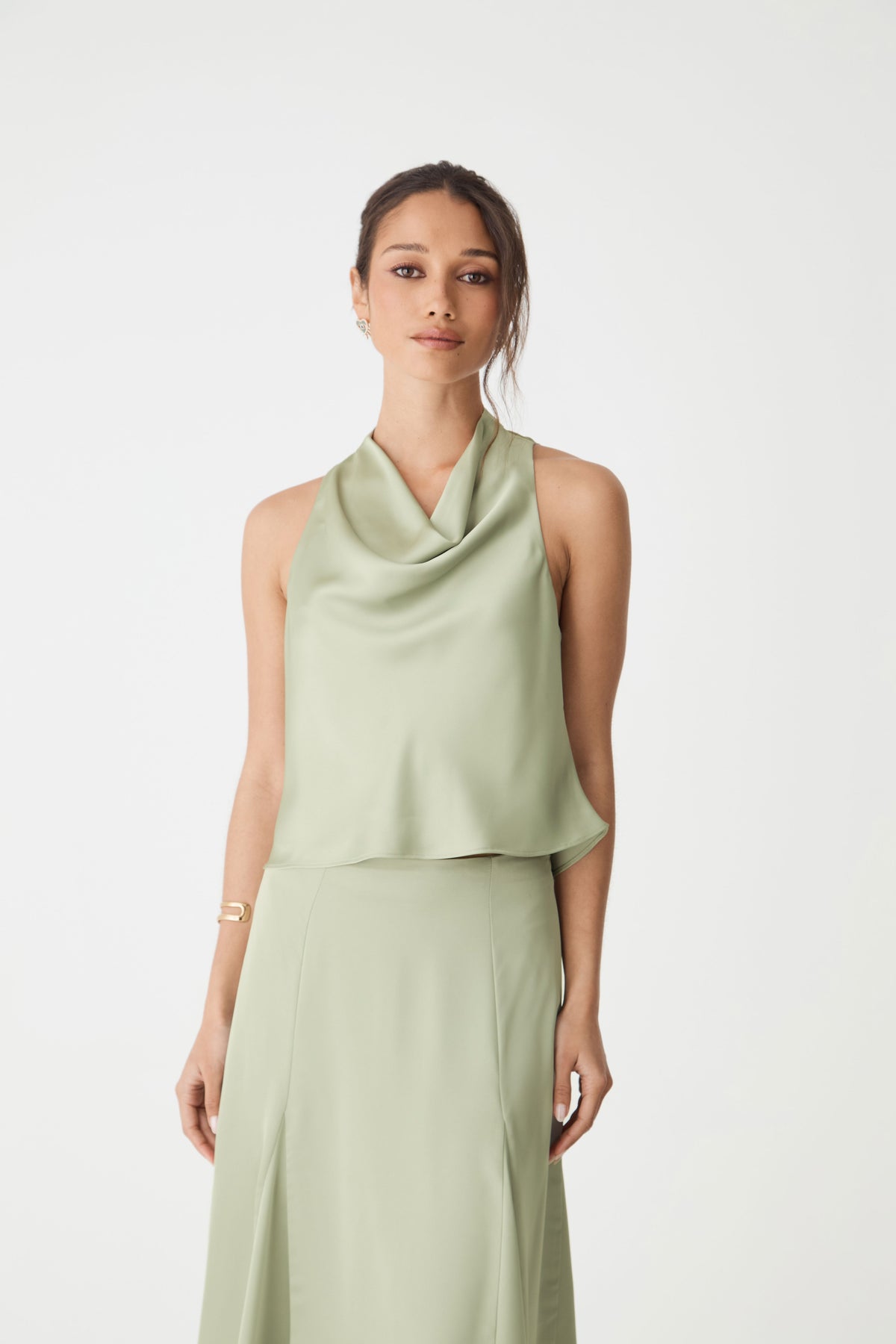 Freya Satin Cowl-Neck Top in Pistachio by Aurelia Sun