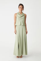 Freya Satin Cowl-Neck Top in Pistachio by Aurelia Sun