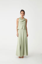 Freya Satin Cowl-Neck Top in Pistachio by Aurelia Sun