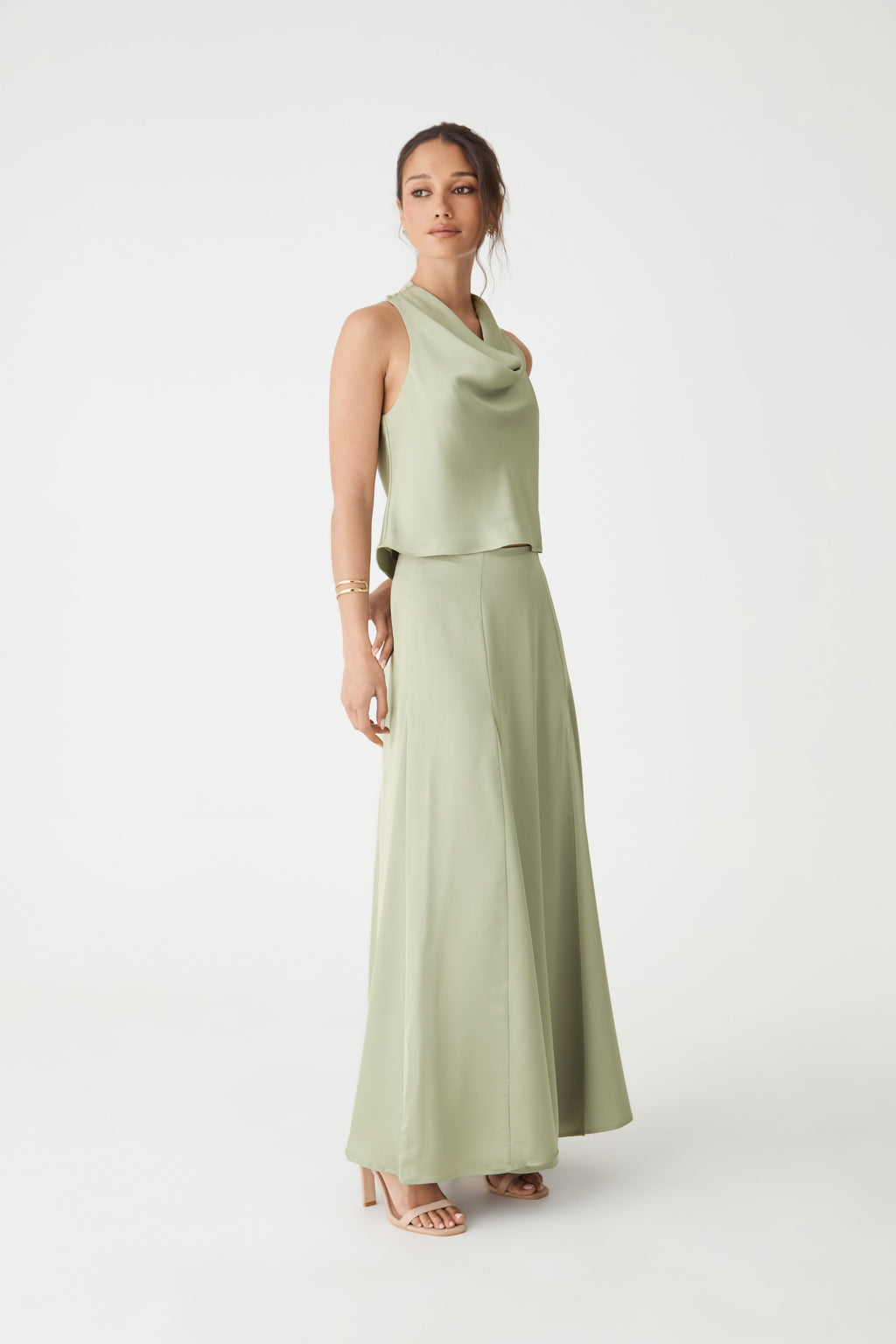 Freya Satin Cowl-Neck Top in Pistachio by Aurelia Sun