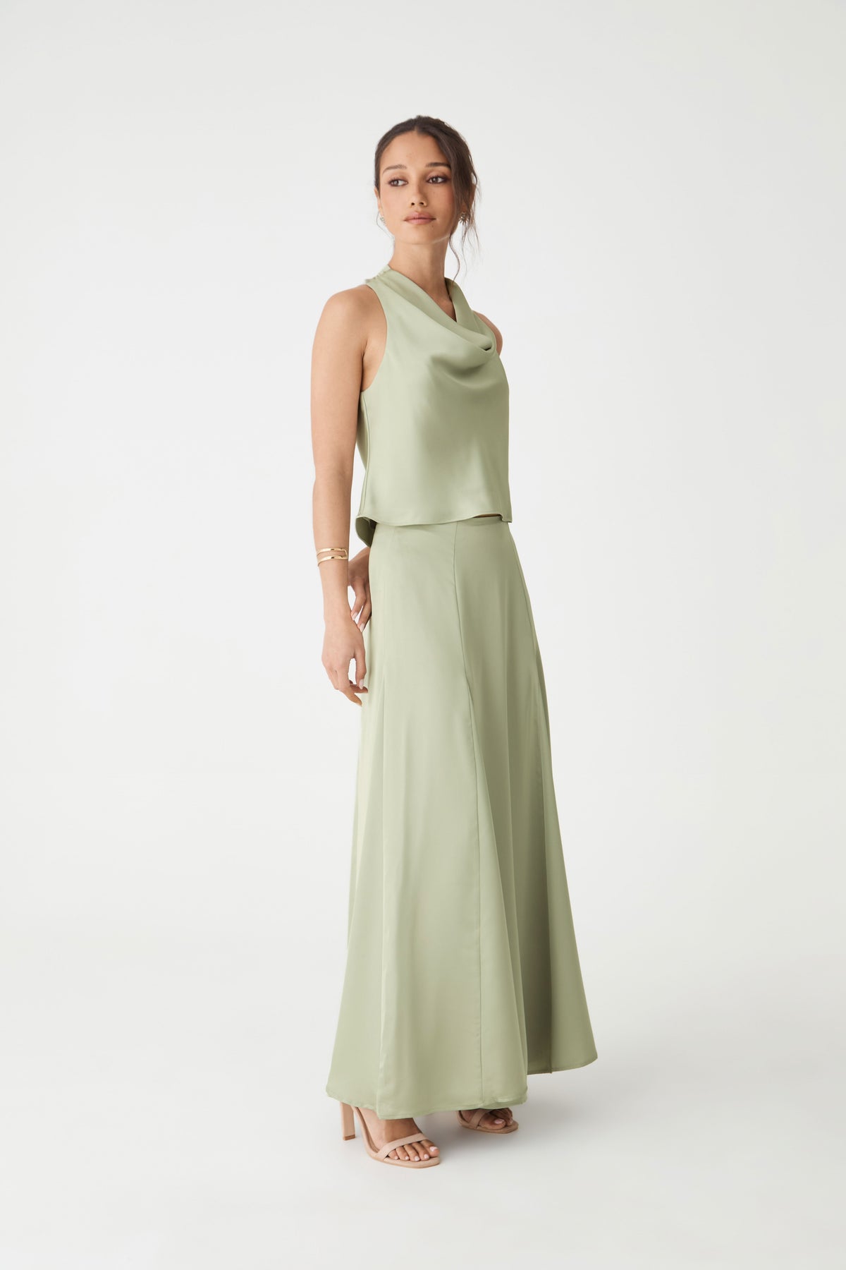 Freya Satin Cowl-Neck Top in Pistachio by Aurelia Sun