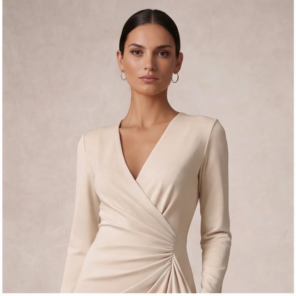Women's Long-Sleeve Wrap Midi Dress – Beige