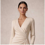 Women's Long-Sleeve Wrap Midi Dress – Beige