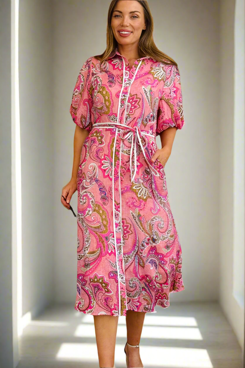 Leah Paisley Midi Shirt Dress – Pink by Aurelia Sun