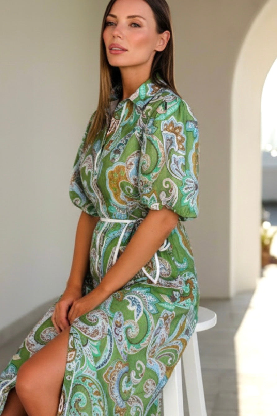 Leah Paisley Midi Shirt Dress – Green by Aurelia Sun