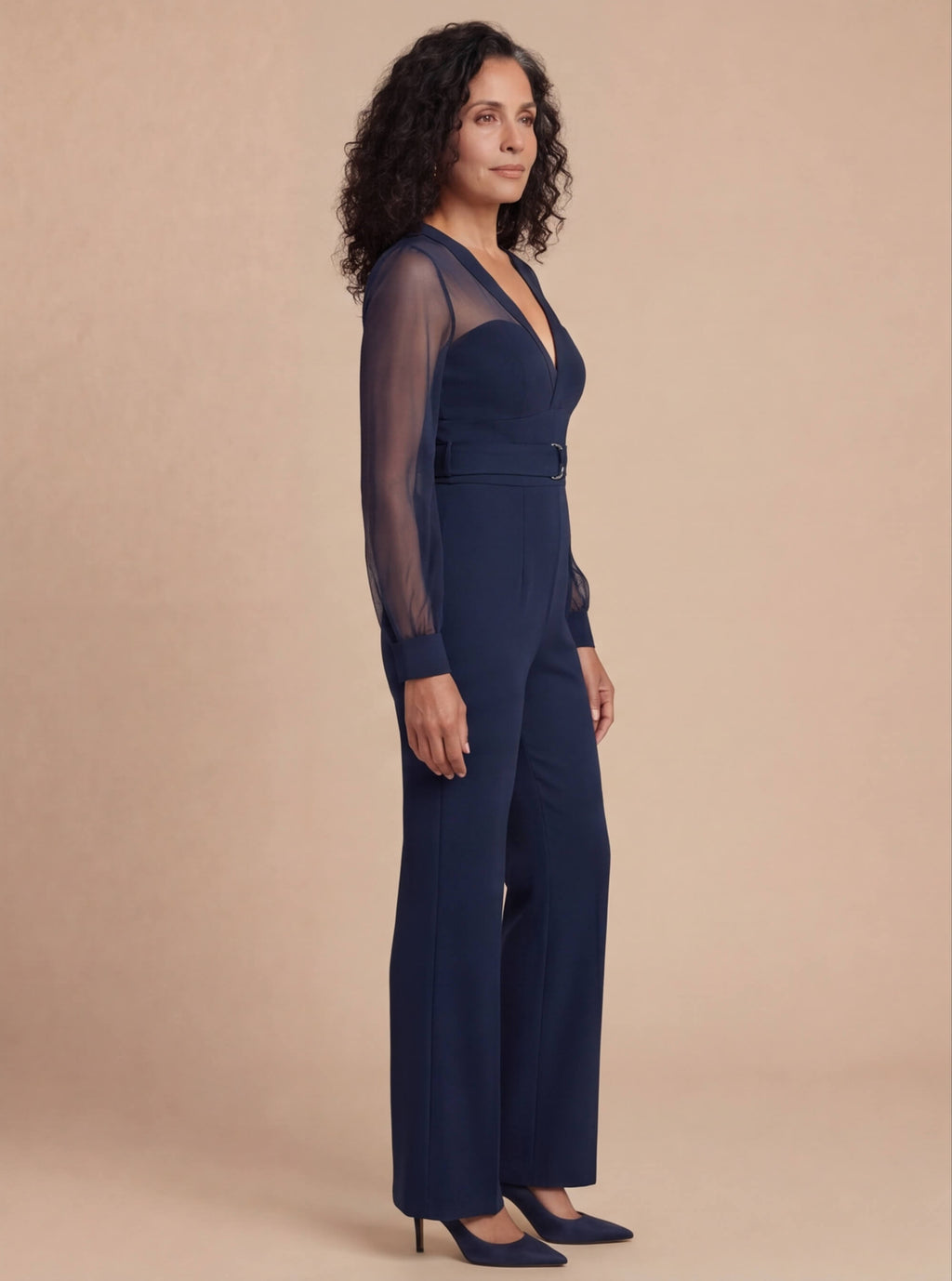 Navy Sheer-Sleeve Wide-Leg Jumpsuit