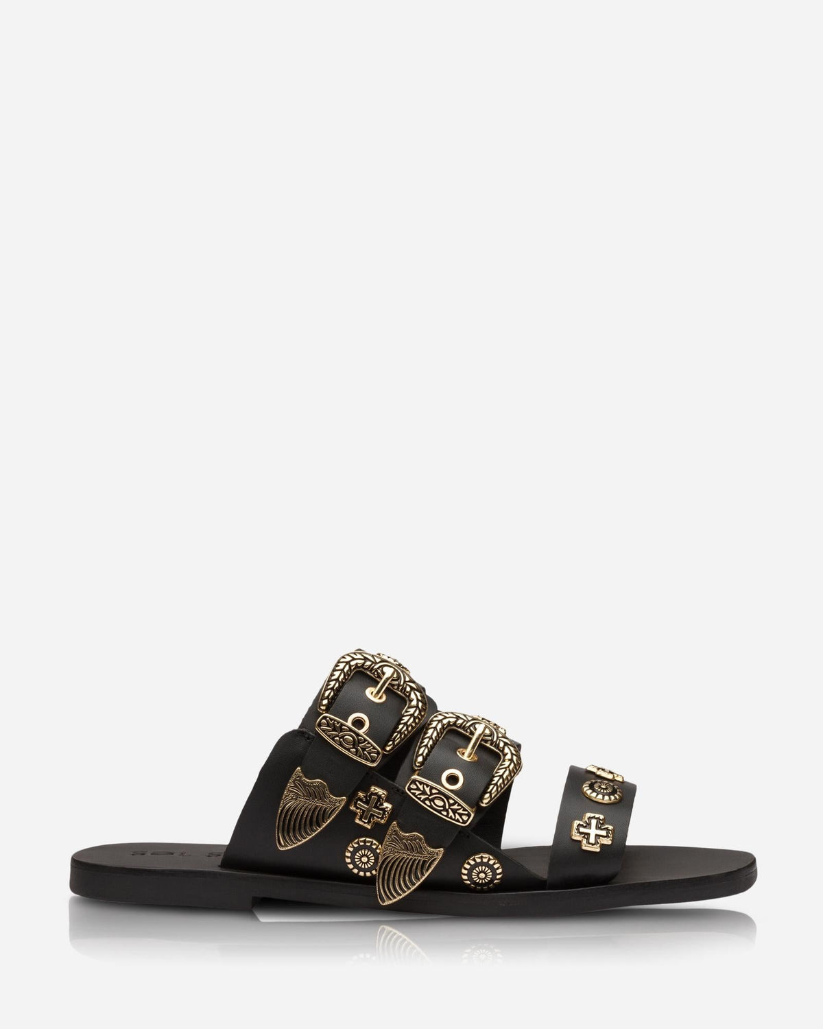Eastwood Western Leather Slide – Black/Gold by Aurelia Sun