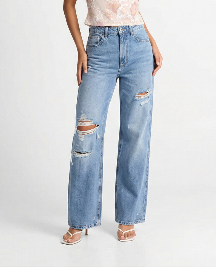 Distressed High-Waist Wide-Leg Jeans