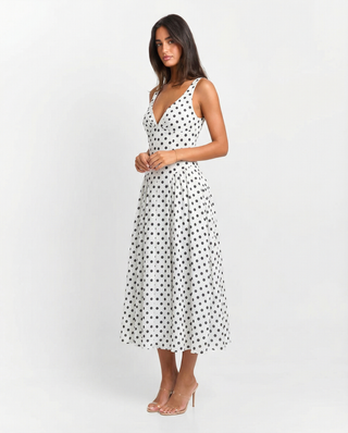 Polka Dot V-Neck Pleated Midi Dress