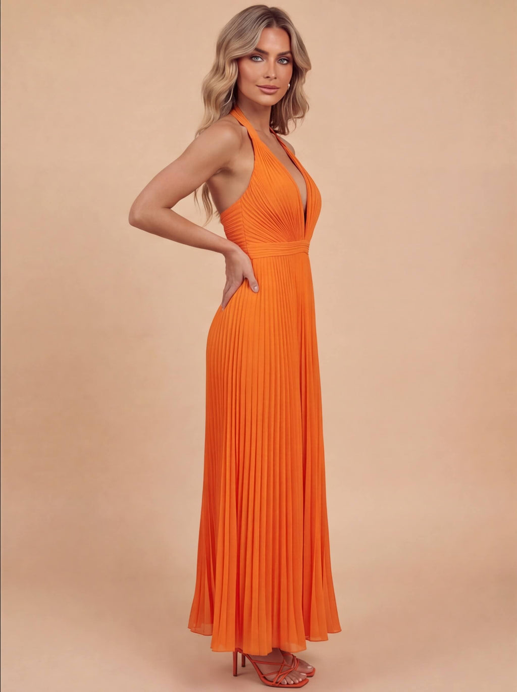 Pleated Satin Halter Maxi Dress