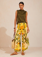Hawaii Palm Satin Wrap Wide-Leg Pants in Golden Yellow by Aurelia Sun