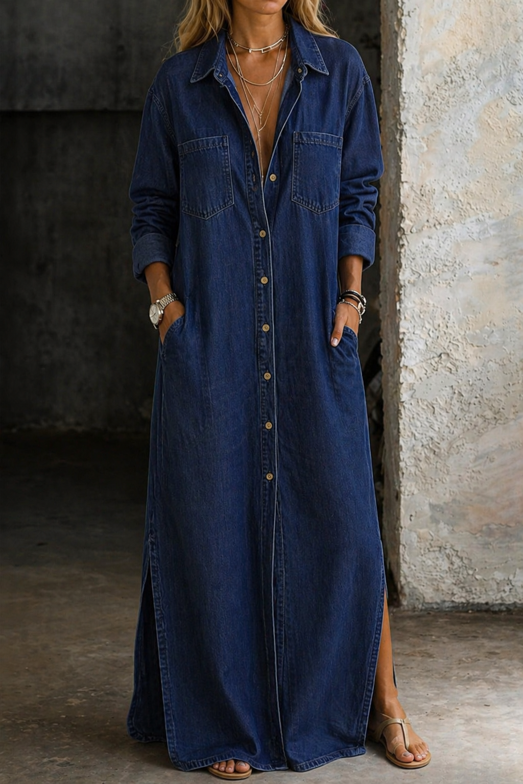 Delana Button-Down Midi Dress – Blue