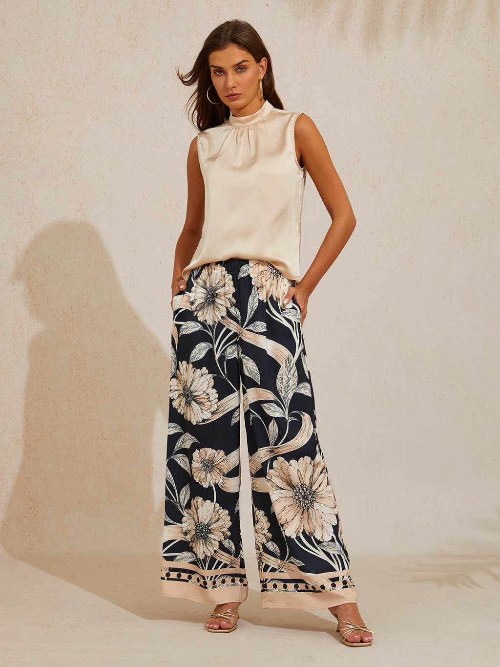 Golden Petal Satin Wide-Leg Pants in Golden Black by Aurelia Sun