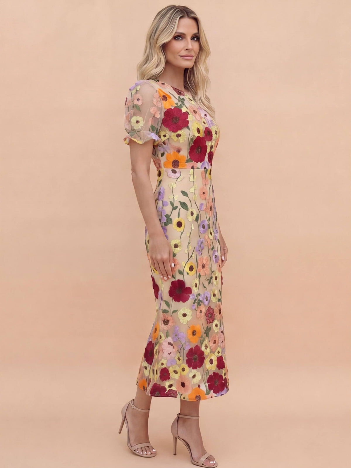 3D Floral Appliqué Midi Dress