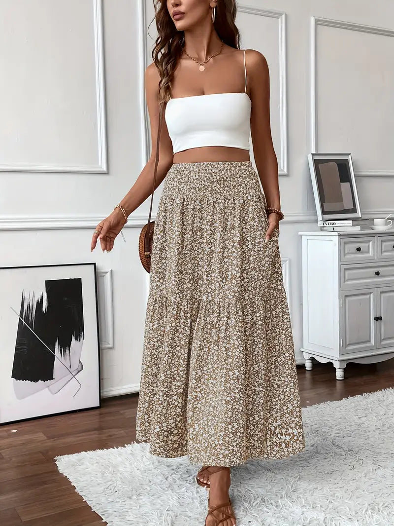 Elena Ditsy Floral Midi Skirt – Beige/Multi