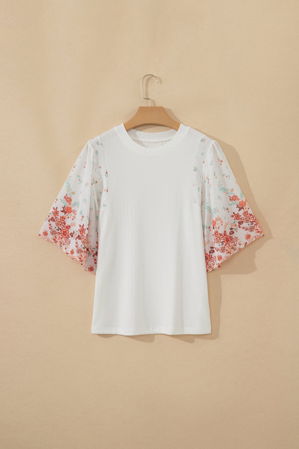 Women's Floral Patchwork Ribbed Knit Top – White