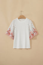 Women's Floral Patchwork Ribbed Knit Top – White