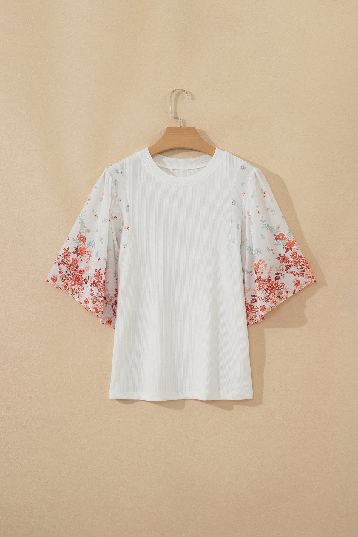 Women's Floral Patchwork Ribbed Knit Top – White