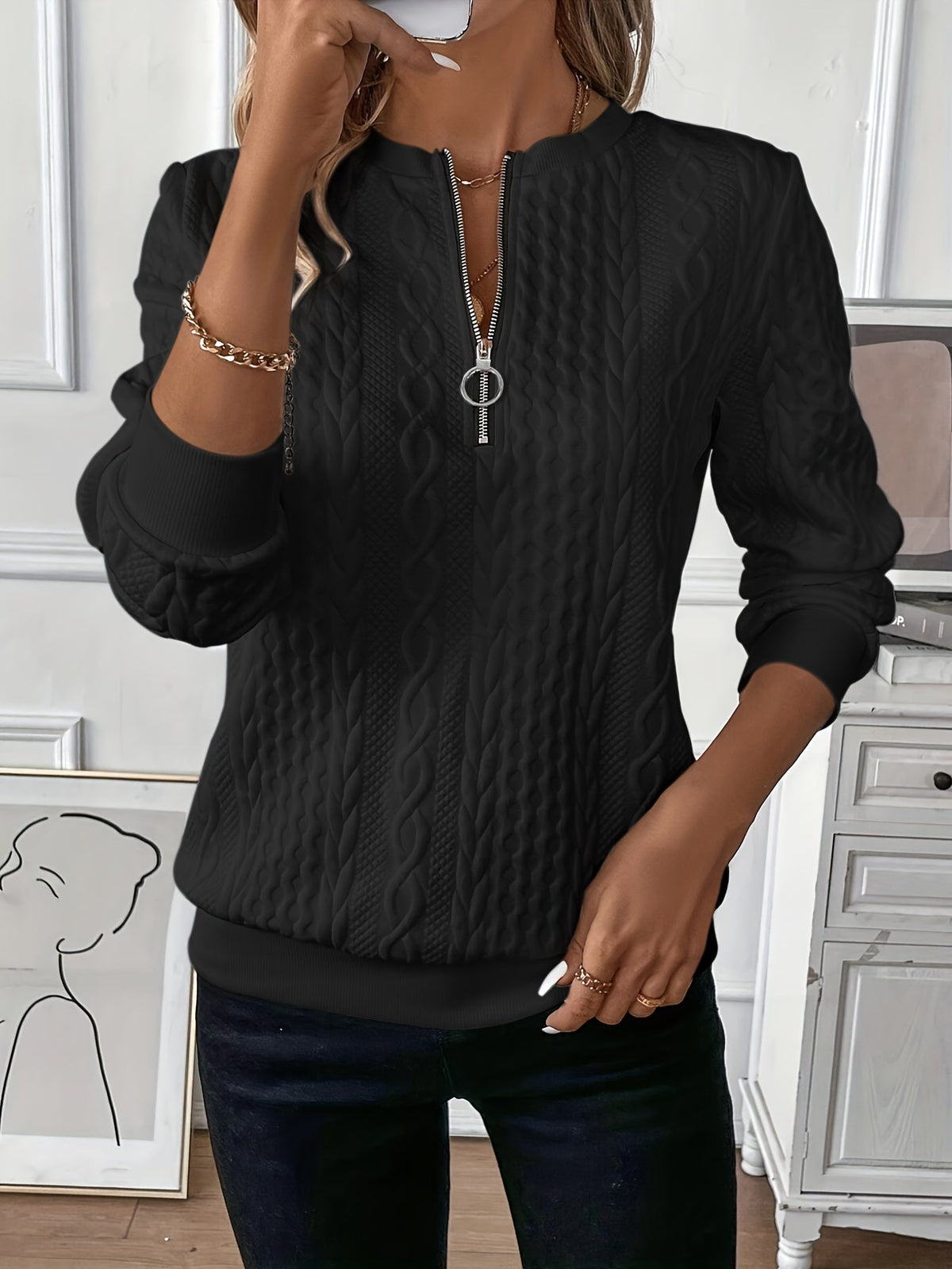 Amy Zip-Neck Knit Sweater – White