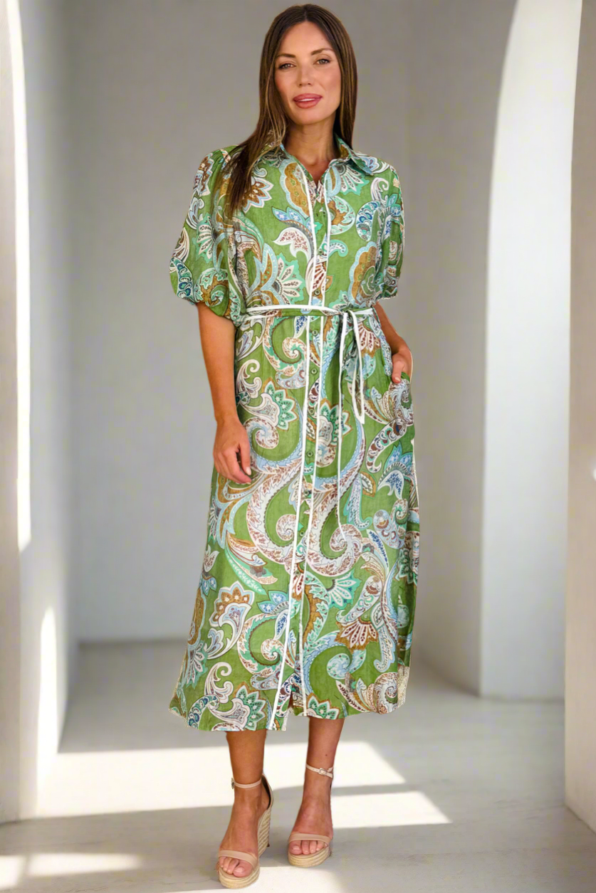 Leah Paisley Midi Shirt Dress – Green by Aurelia Sun
