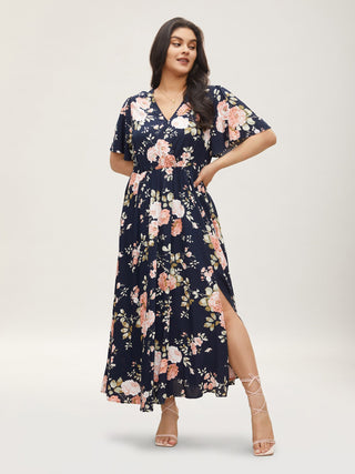 Plus Size Ditsy Floral Flutter-Sleeve Maxi Dress