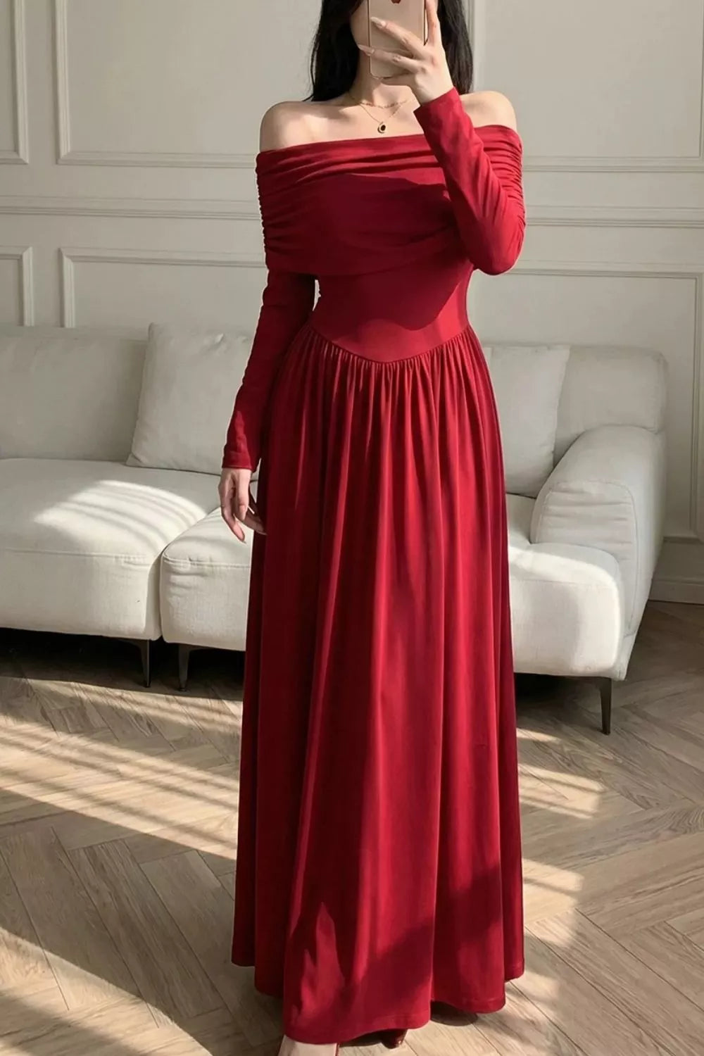 Women's Off-Shoulder Ruched Maxi Dress – Red