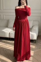 Women's Off-Shoulder Ruched Maxi Dress – Red