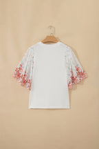 Women's Floral Patchwork Ribbed Knit Top – White
