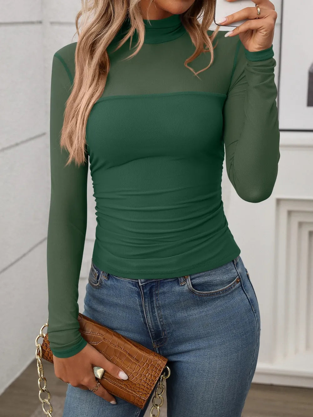 Women's Mock-Neck Long-Sleeve Top – Grey
