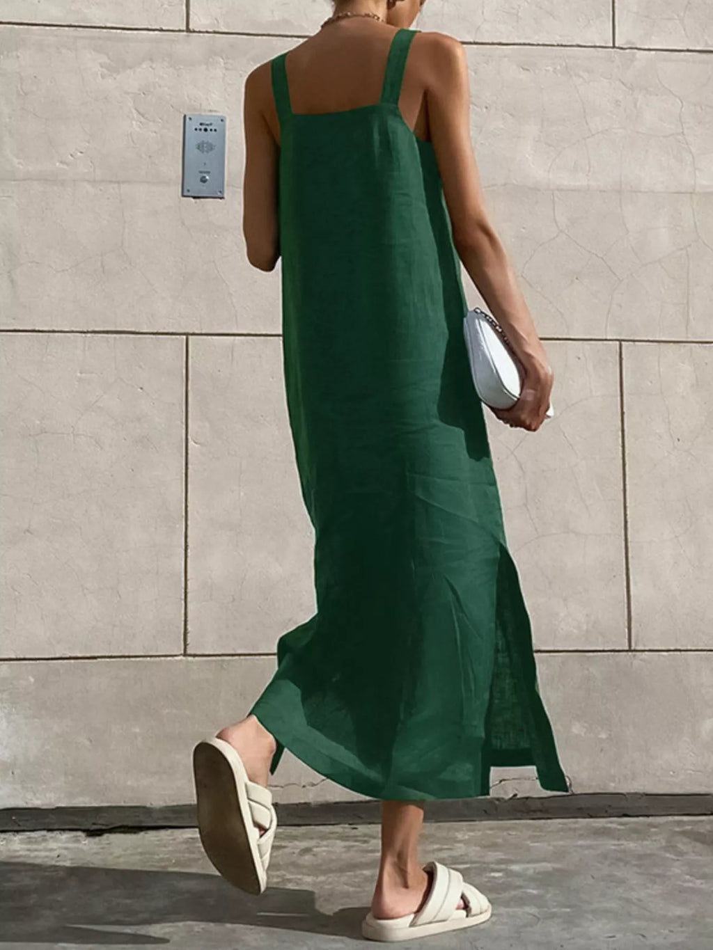 Women's Cotton Linen Side-Slit Midi Dress – Brown