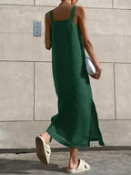 Women's Cotton Linen Side-Slit Midi Dress – Brown