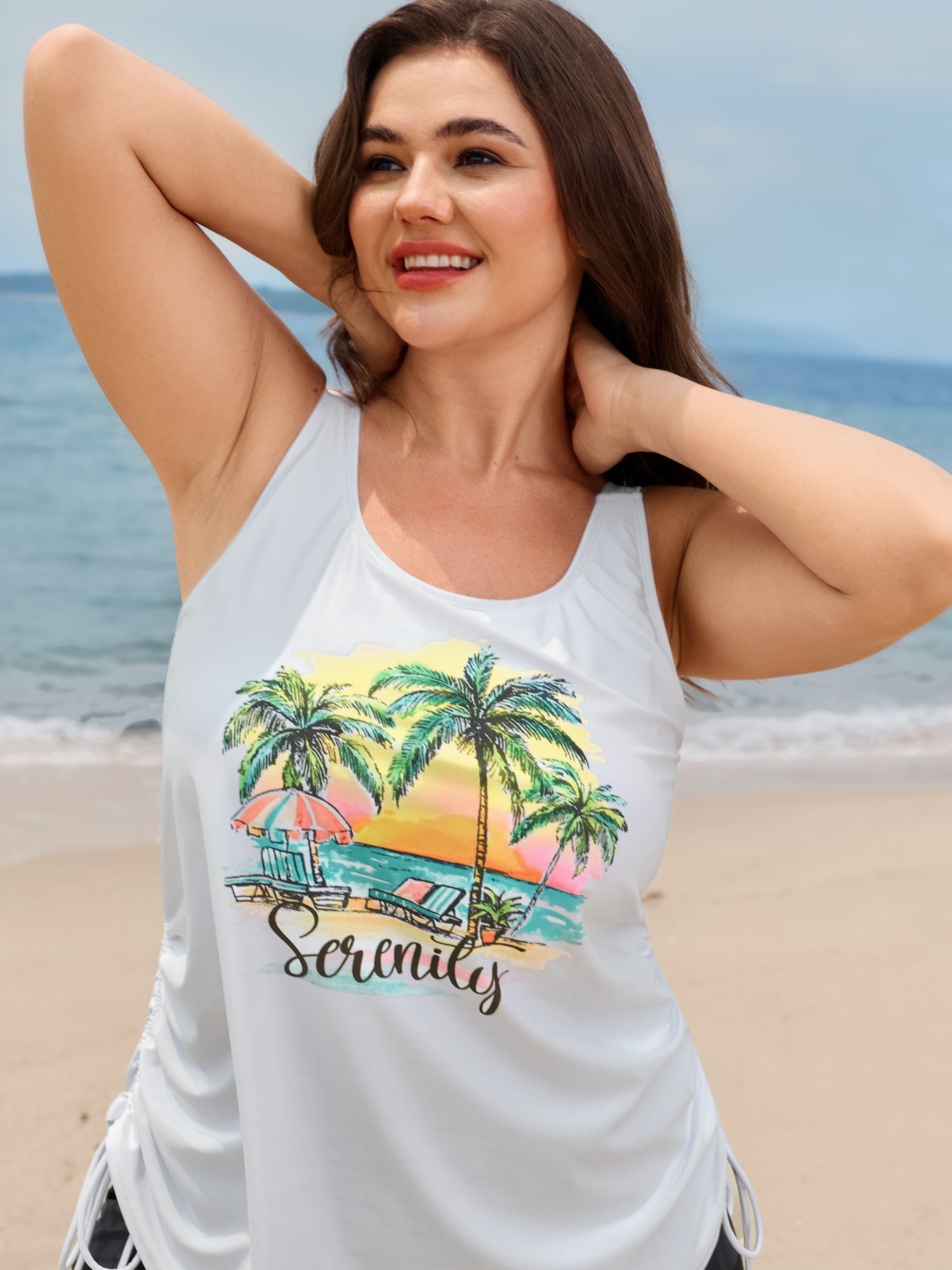 Plus Size Tropical Drawstring Swim Top