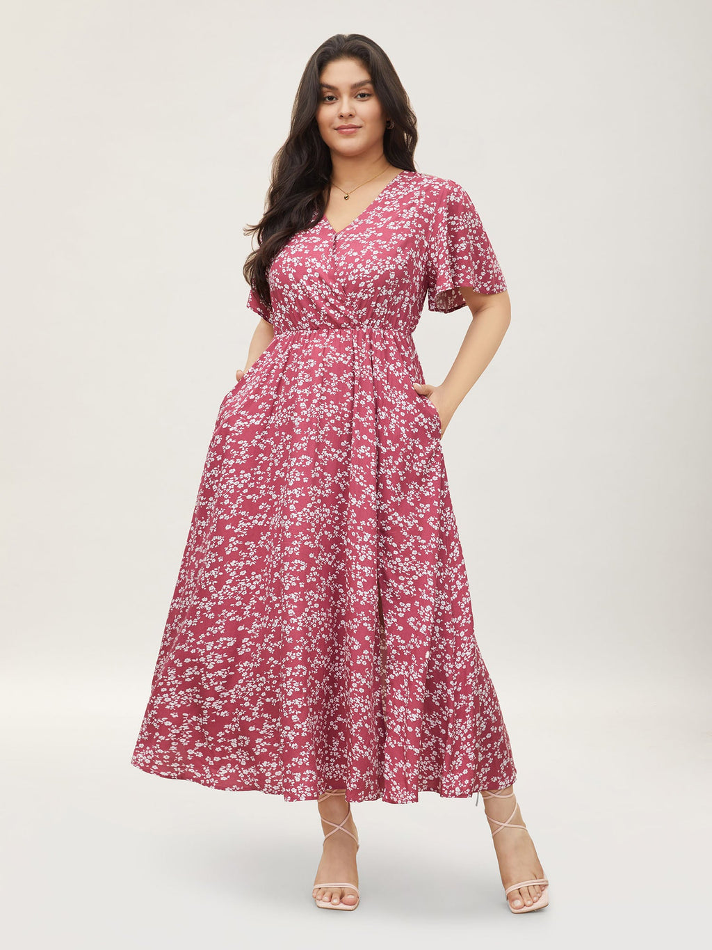 Plus Size Ditsy Floral Flutter-Sleeve Maxi Dress