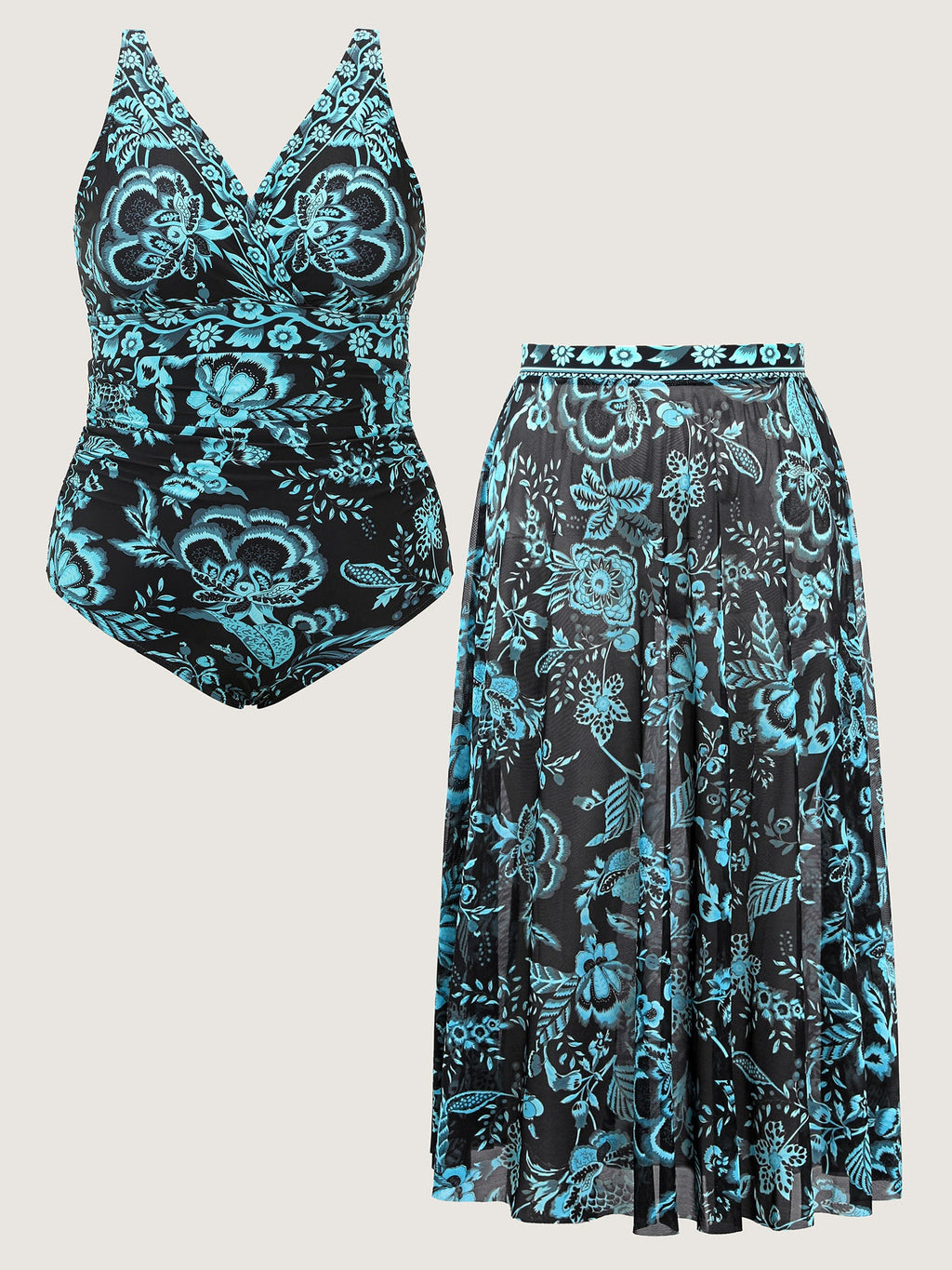 Plus Size Floral Swimsuit & Mesh Sarong Set