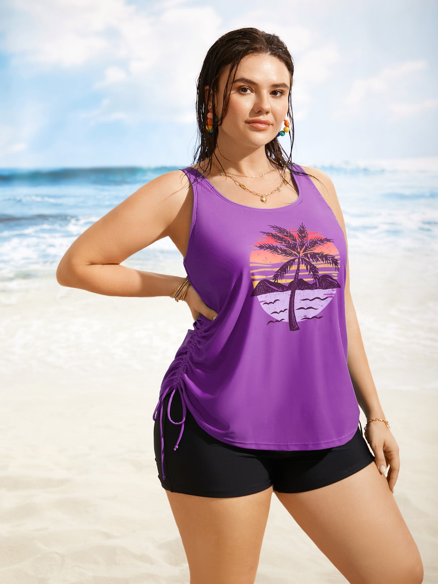Plus Size Tropical Drawstring Swim Top