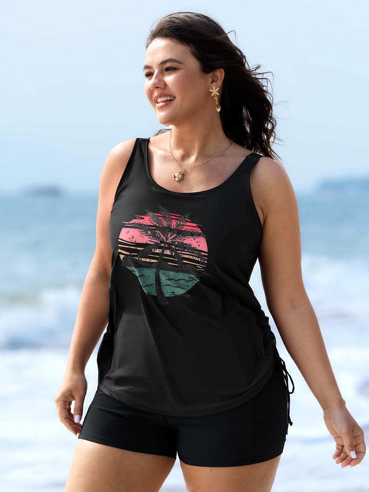 Plus Size Tropical Drawstring Swim Top