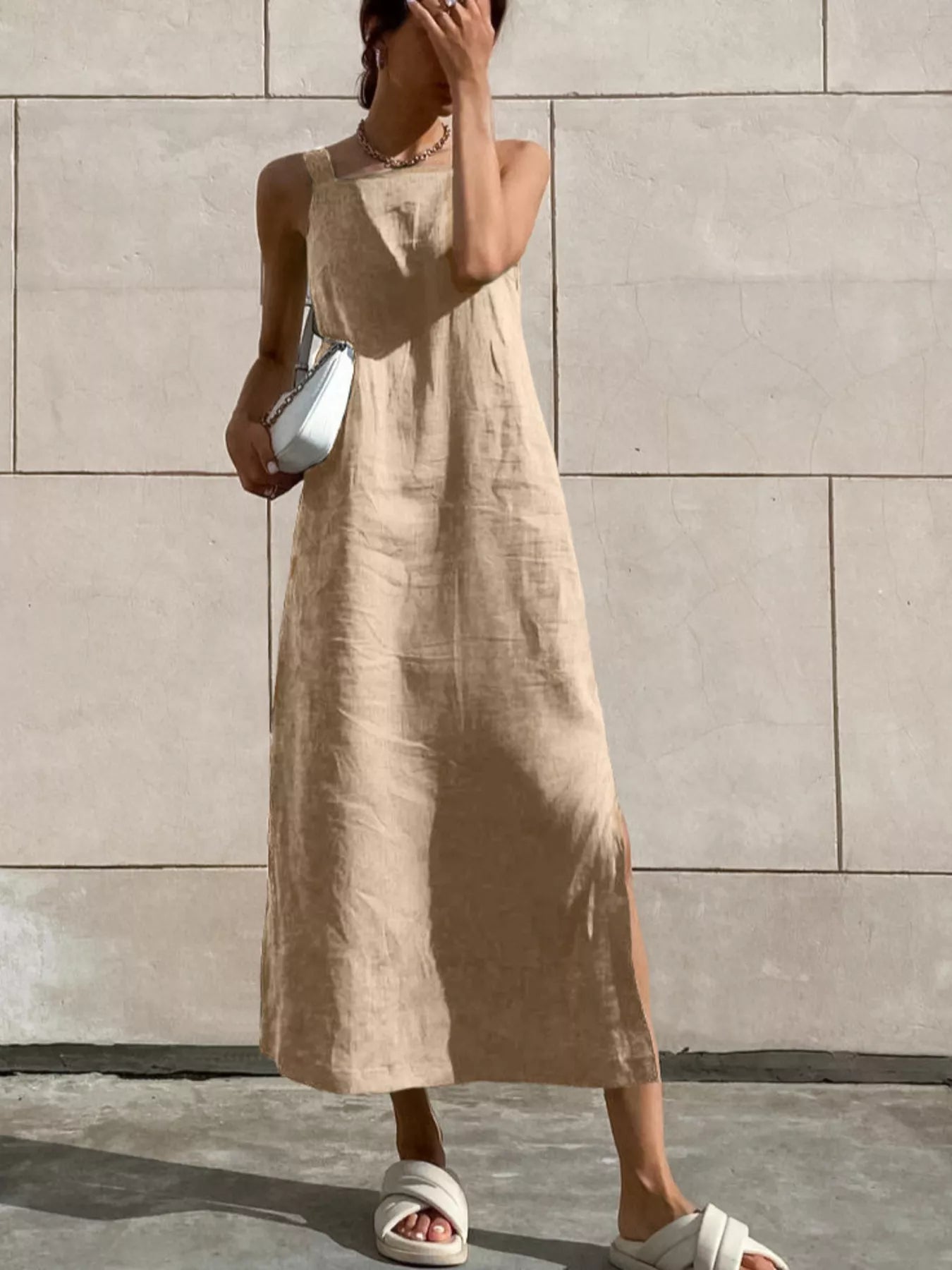 Women's Cotton Linen Side-Slit Midi Dress