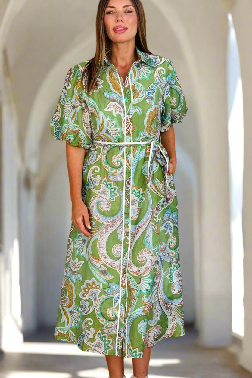 Leah Paisley Midi Shirt Dress – Green by Aurelia Sun