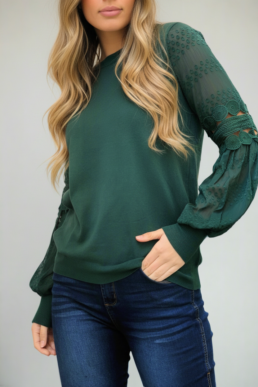 Molli Lace-Sleeve Knit Jumper – Bottle Green by Aurelia Sun