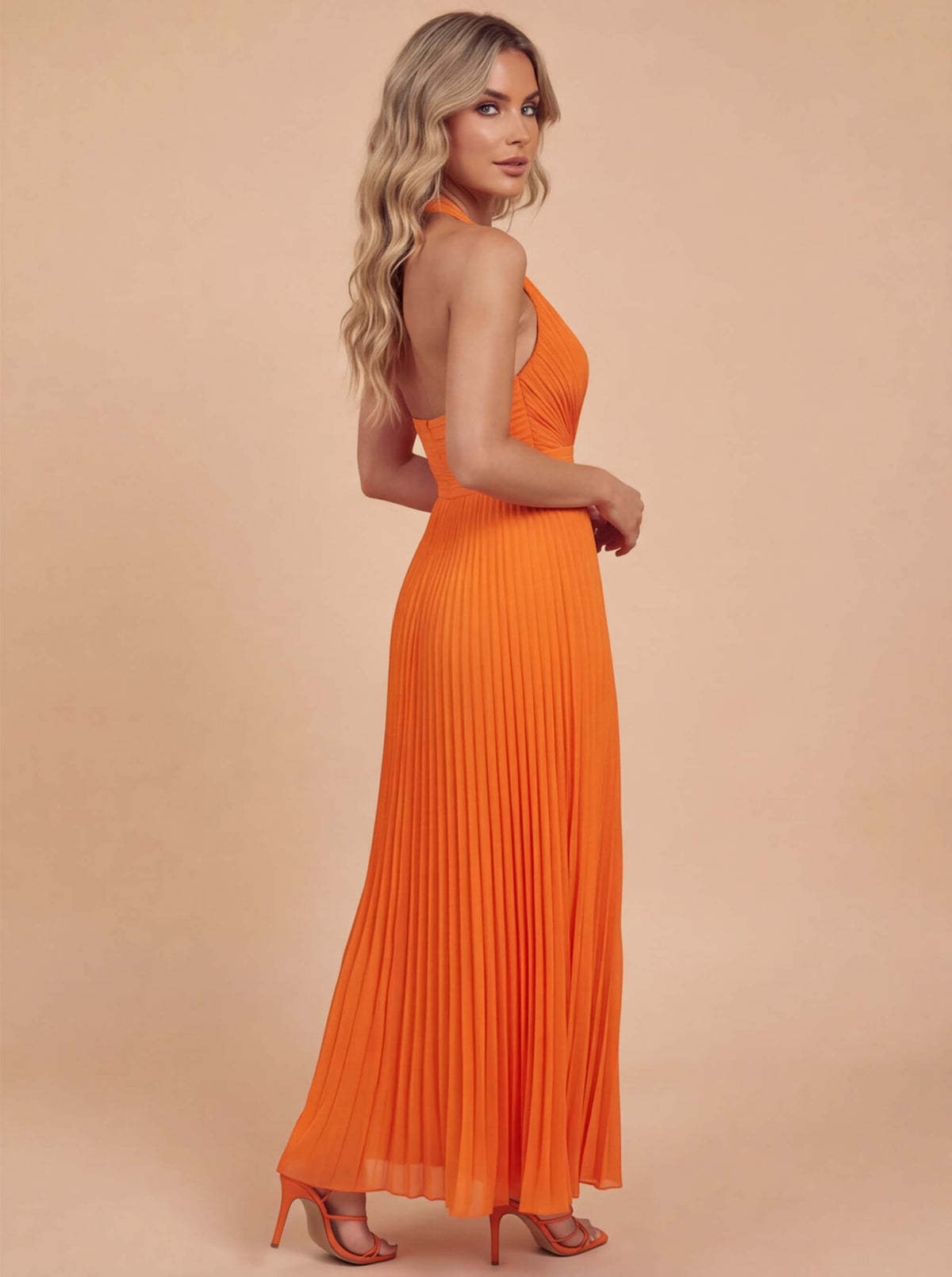 Pleated Satin Halter Maxi Dress