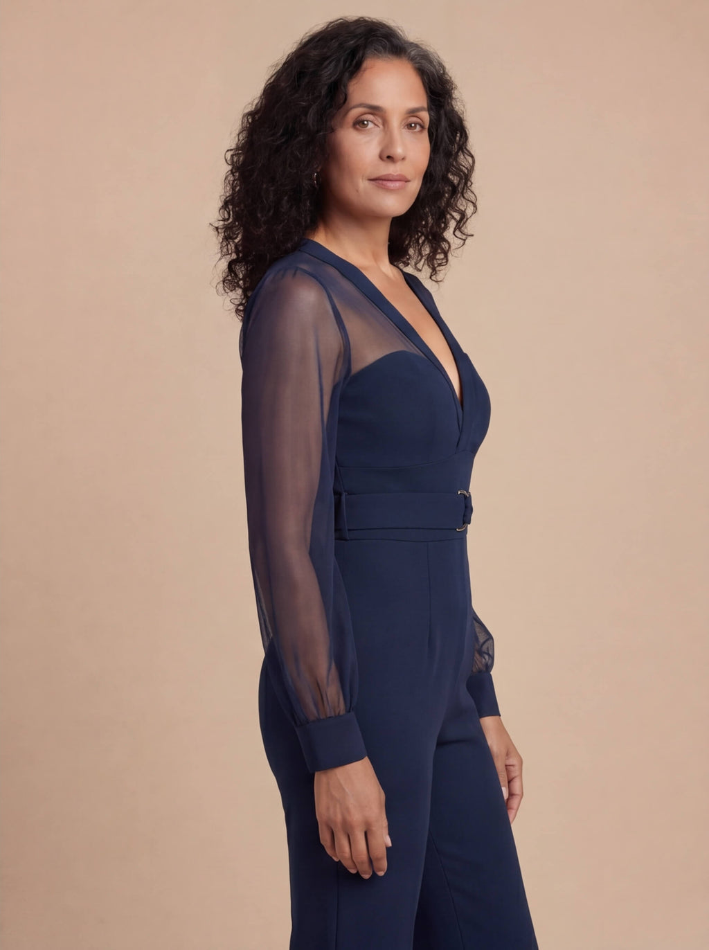 Navy Sheer-Sleeve Wide-Leg Jumpsuit