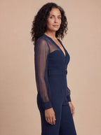 Navy Sheer-Sleeve Wide-Leg Jumpsuit