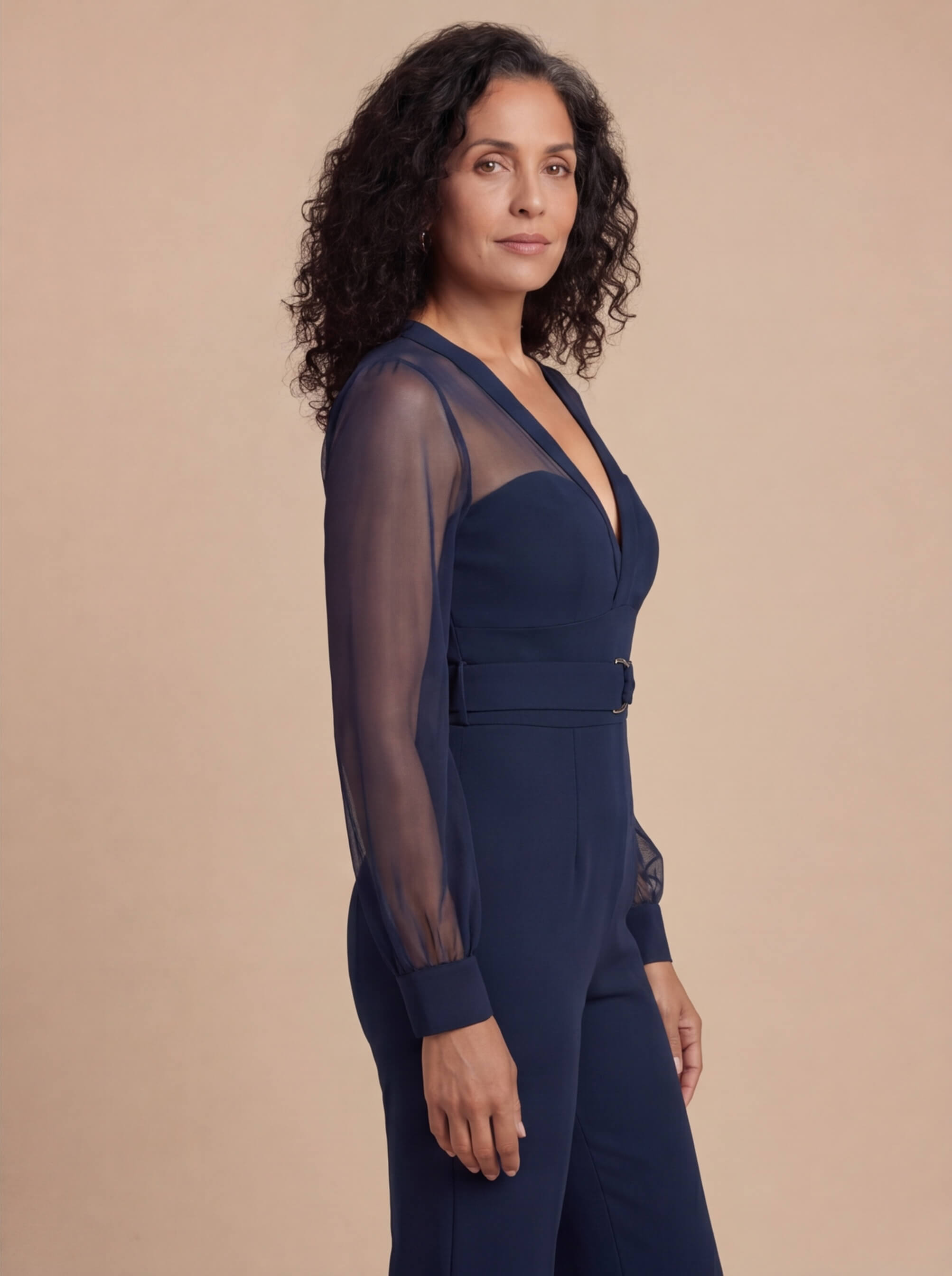 Navy Sheer-Sleeve Wide-Leg Jumpsuit